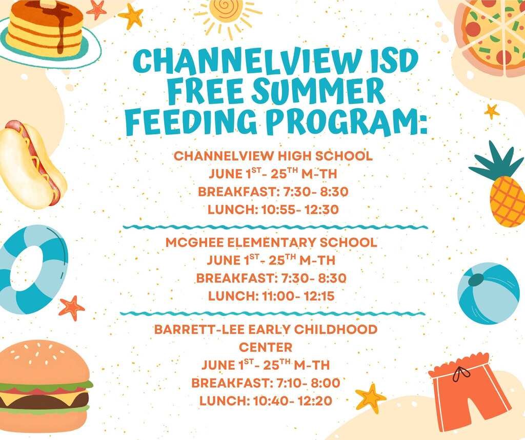 ChannelviewISD's tweet photo. ☀️ School may be out, but FREE meals are in! 🍎🌭

The Channelview ISD Summer Feeding Program begins June 1 and offers FREE breakfast &amp; lunch for all kids 18 and under all summer long!

Come fuel up, stay active, and enjoy a great summer with us! 🌴🍔🥞 https://t.co/yioBoeOPH6
