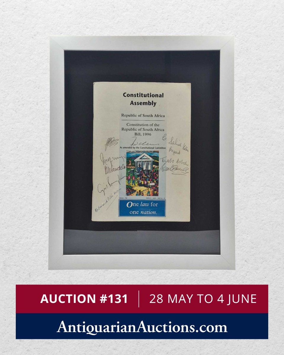 RareBookAuction's tweet photo. “One Law for One Nation”

On Auction 131: a copy of the Constitution of the Republic of South Africa Bill, 1996, signed by Nelson Mandela, F.W. de Klerk, Thabo Mbeki, Cyril Ramaphosa, Roelf Meyer, Mohammed Valli Moosa, and others present

Contained in a white frame under glass https://t.co/z4itbSHQXK