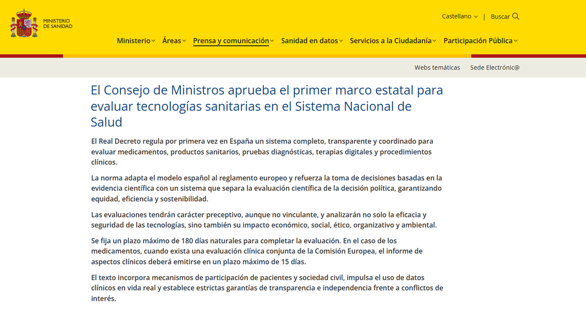 sefh_'s tweet photo. ❗️❗️❗️Aprobado el Real Decreto que regula la evaluación de tecnologías sanitarias (ETS): medicamentos, productos sanitarios y otras herramientas utilizadas en el SNS

El nuevo marco adapta el modelo español al reglamento europeo y evita duplicidades

📌Las evaluaciones serán preceptivas, aunque no vinculantes, e incluirán no solo eficacia y seguridad, sino también impacto económico, social, ético, organizativo y ambiental

⏳ Plazo máximo de evaluación: 180 días naturales

💊 En medicamentos con evaluación clínica conjunta europea: 15 días para el informe clínico nacional

@sanidadgob https://t.co/rH1bEvDWAv