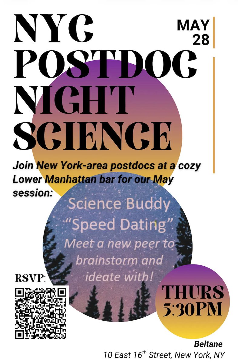 ItaiYanai's tweet photo. AI is amazing but the game is still the same: we need to make a discovery and AI won't do that for you..
So NYC Postdocs, join us Thursday for this month's Postdoc Night Science event! We're meeting at a bar near Union Square for some science buddy "speed dating".
RSVP: https://t.co/6VSPCFVekc!
