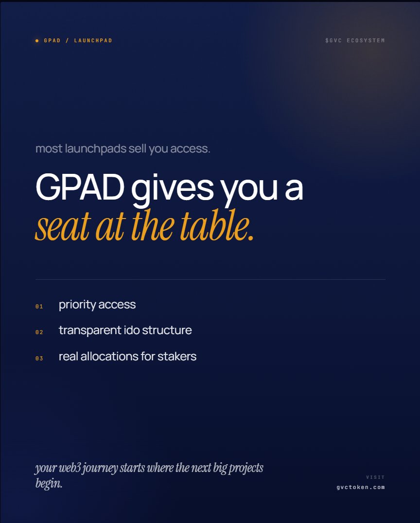 GVCECOSYSTEM's tweet photo. most launchpads sell you access

GPAD gives you a seat at the table

priority access. transparent ido structure. real allocations for stakers

your web3 journey starts where the next big projects begin