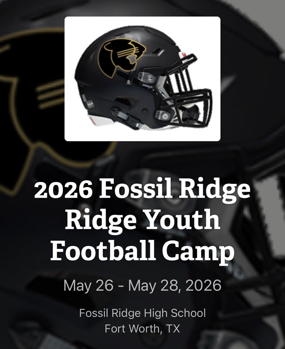 ridgerecruiting's tweet photo. FRHS YOUTH FOOTBALL CAMP

Dates: May 26th – 28th, 2026
Time: 6:00pm – 7:30pm
Who: All Incoming 2nd - 8th Graders
Where: Fossil Ridge Field
Bring: Please wear shorts, cleated shoes if possible.
Cost: $65, includes camp t-shirt

https://t.co/6jNFUx0D1l https://t.co/VkMQOjTYPj