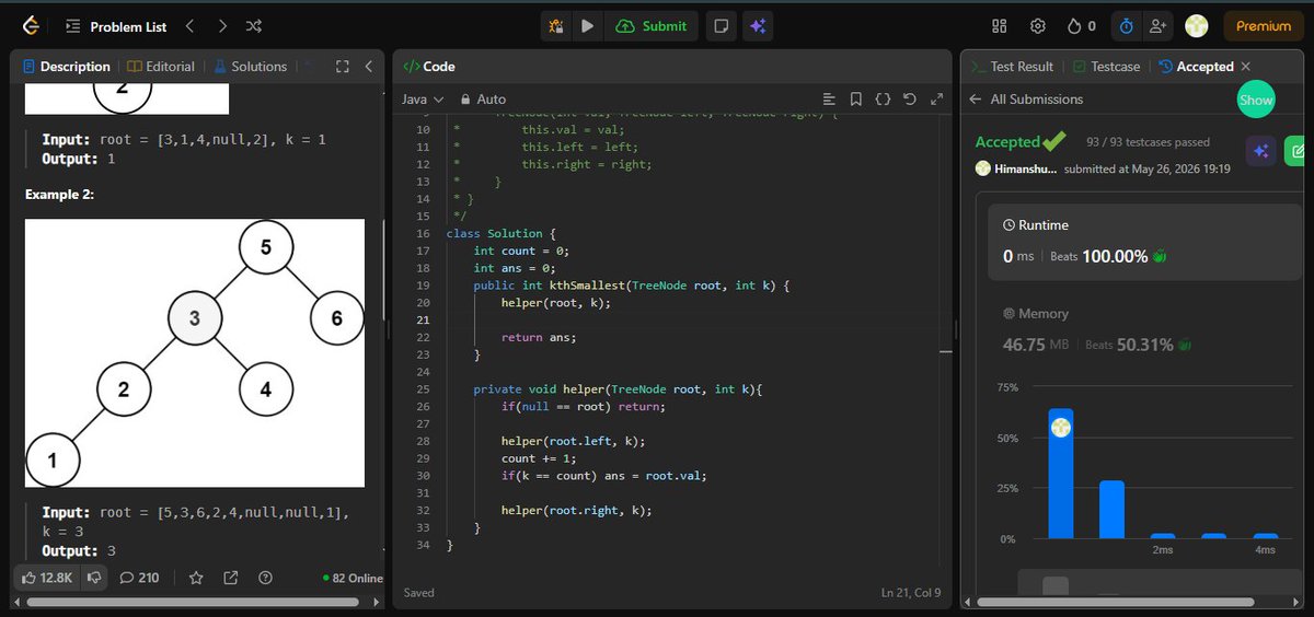 HimanshuSi924's tweet photo. Day 72 of #100DaysOfCode 🚀
Solved LeetCode 230: Kth Smallest Element in a BST ✅

Used DFS + Inorder Traversal to leverage BST ordering 🌳

⏱ Time: O(n)
💾 Space: O(h)

Inorder traversal = naturally sorted BST values 🔥
#LeetCode #DSA #Java #BST #BinaryTree #DFS #CodingJourney https://t.co/oyynNSnt26
