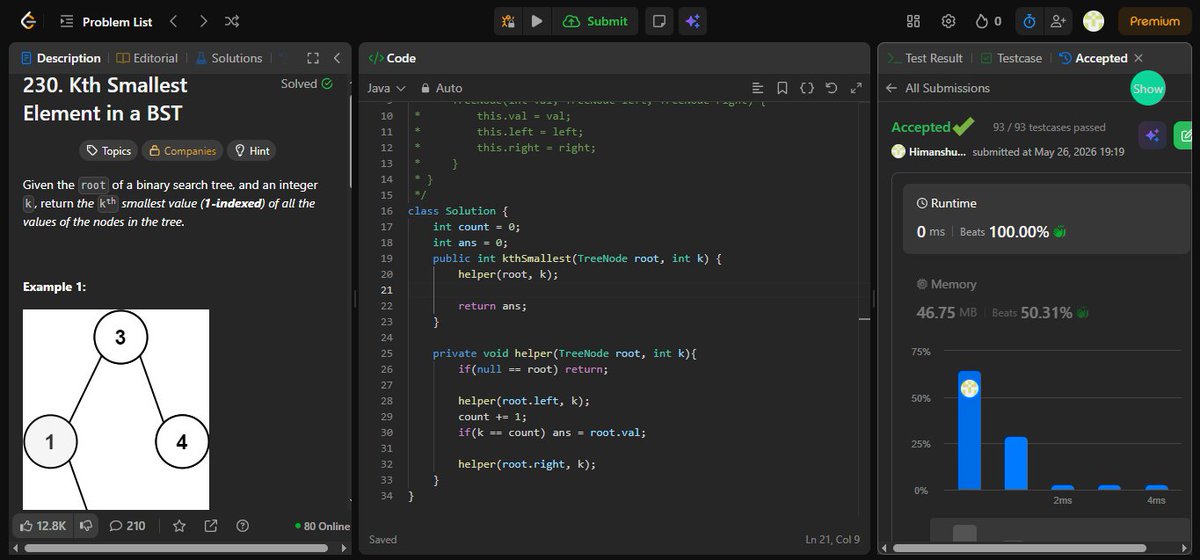 HimanshuSi924's tweet photo. Day 72 of #100DaysOfCode 🚀
Solved LeetCode 230: Kth Smallest Element in a BST ✅

Used DFS + Inorder Traversal to leverage BST ordering 🌳

⏱ Time: O(n)
💾 Space: O(h)

Inorder traversal = naturally sorted BST values 🔥
#LeetCode #DSA #Java #BST #BinaryTree #DFS #CodingJourney https://t.co/oyynNSnt26