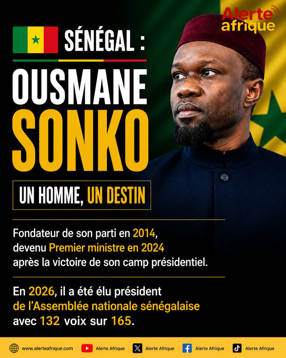 KNbeuka's tweet photo. De l’opposition à la primature, puis à la présidence de l’Assemblée nationale, l’ascension politique d’Ousmane Sonko reste l’une des trajectoires les plus suivies de la scène politique africaine actuelle.
#OusmaneSonko #Senegal #Afrique #PolitiqueAfricaine #AlerteAfrique https://t.co/wHFR4lA6Jy