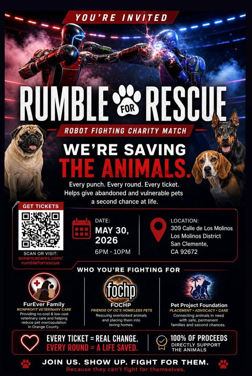 _ProRL's tweet photo. Robots being used to support rescue puppies! 100% for charity. Our friends @SonanceCares are hosting Rumble for Rescue on May 30 in San Clemente. This is what the robotics community looks like when it shows up for a cause. Tickets: https://t.co/HkmDDikr2D #RumbleForRescue #ProRL https://t.co/sXAUux2Nc6