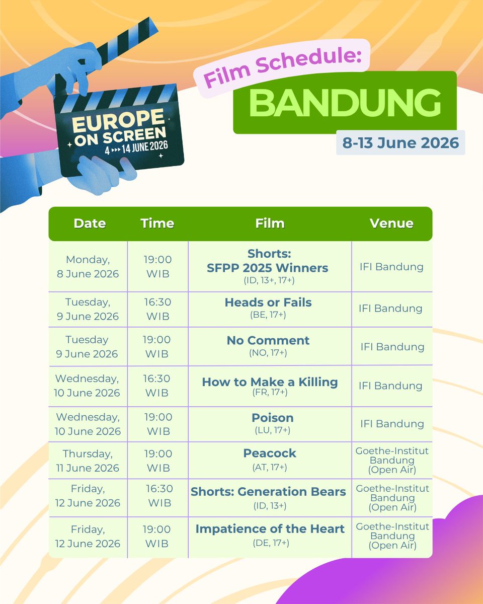 EuropeonScreen's tweet photo. #EoS26 in BANDUNG 🎬🍿🤩

EoS Friends, don't miss #EuropeOnScreen on 8-13 June 2026 at IFI Bandung and Goethe-Institut Bandung 

See you at the festival!!!

#FilmFestival #FilmScreening #PemutaranFilm #InfoEvent #InfoScreening

@uni_eropa https://t.co/G3rdLy57d6