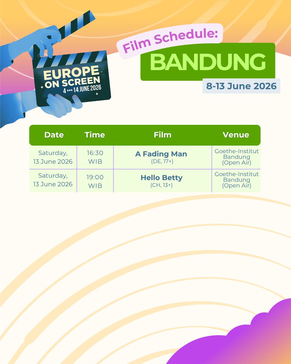EuropeonScreen's tweet photo. #EoS26 in BANDUNG 🎬🍿🤩

EoS Friends, don't miss #EuropeOnScreen on 8-13 June 2026 at IFI Bandung and Goethe-Institut Bandung 

See you at the festival!!!

#FilmFestival #FilmScreening #PemutaranFilm #InfoEvent #InfoScreening

@uni_eropa https://t.co/G3rdLy57d6
