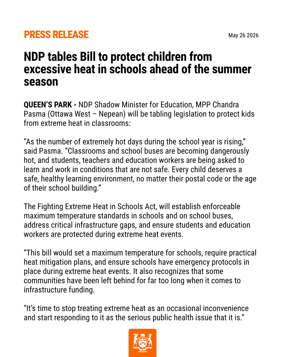 OntarioNDP's tweet photo. #NEW: NDP tables Bill to protect children from excessive heat in schools ahead of the summer season https://t.co/KXRXyogPxq
