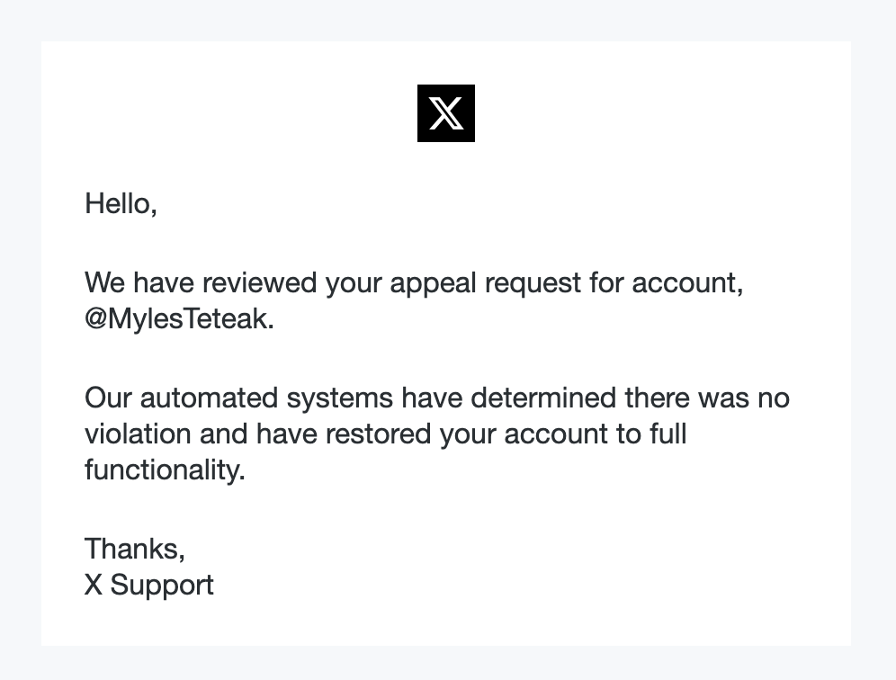 TheLifeLeaf's tweet photo. Dear @X @xai @grok @elonmusk @premium @PremiumBusiness @xsupport 
You suspended my personal account for no reason according to you.  
I've used the appeals process with no success. You continue to send me emails saying my account will be restored, yet it's still suspended. https://t.co/A3fCcDJrXJ