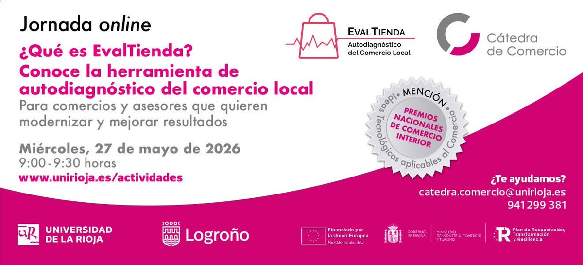 comercioUR's tweet photo. Mañana, miércoles 27 de mayo, se celebra la jornada online ‘¿Qué es EvalTienda?', la herramienta digital para el autodiagnóstico del comercio local de la @comercioUR. Esta sesión dirigida a profesionales del sector, podrá seguirse desde las 9:00 horas: https://t.co/3pZbnB0AV7. https://t.co/Z9cKT1tng1