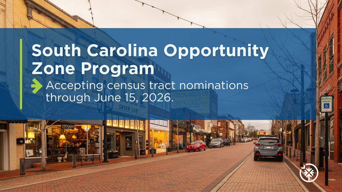 SCcommerce's tweet photo. The Opportunity Zone Program is now permanent and designed to support long-term and targeted investment in designated rural areas. 

Learn more and nominate a census tract for Opportunity Zone designation by June 15, 2026: https://t.co/wudv0kthrN https://t.co/PlNaoJL4Ua