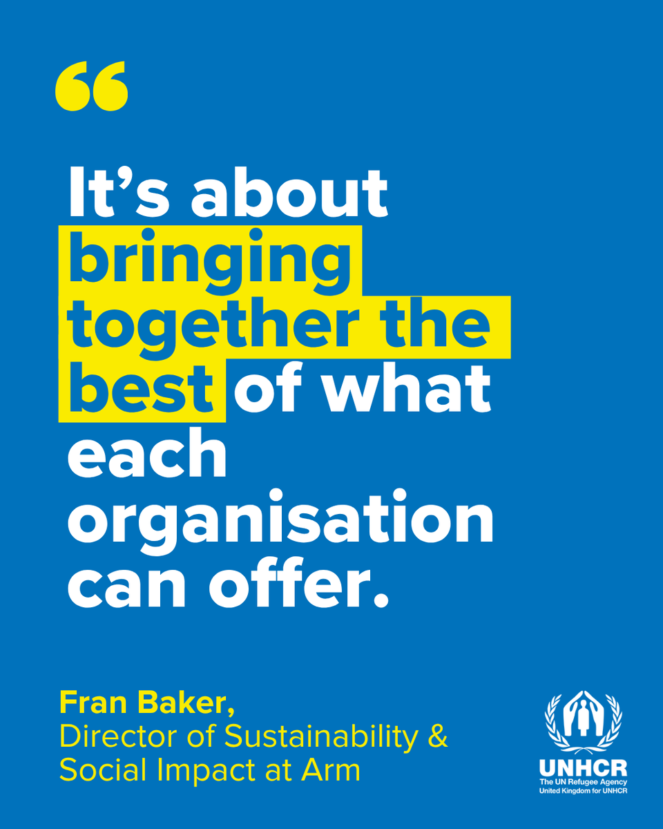 Graphic with quote by Fran Baker: “It’s about bringing together the best of what each organisation can offer.” UNHCR and Arm branding on blue background.