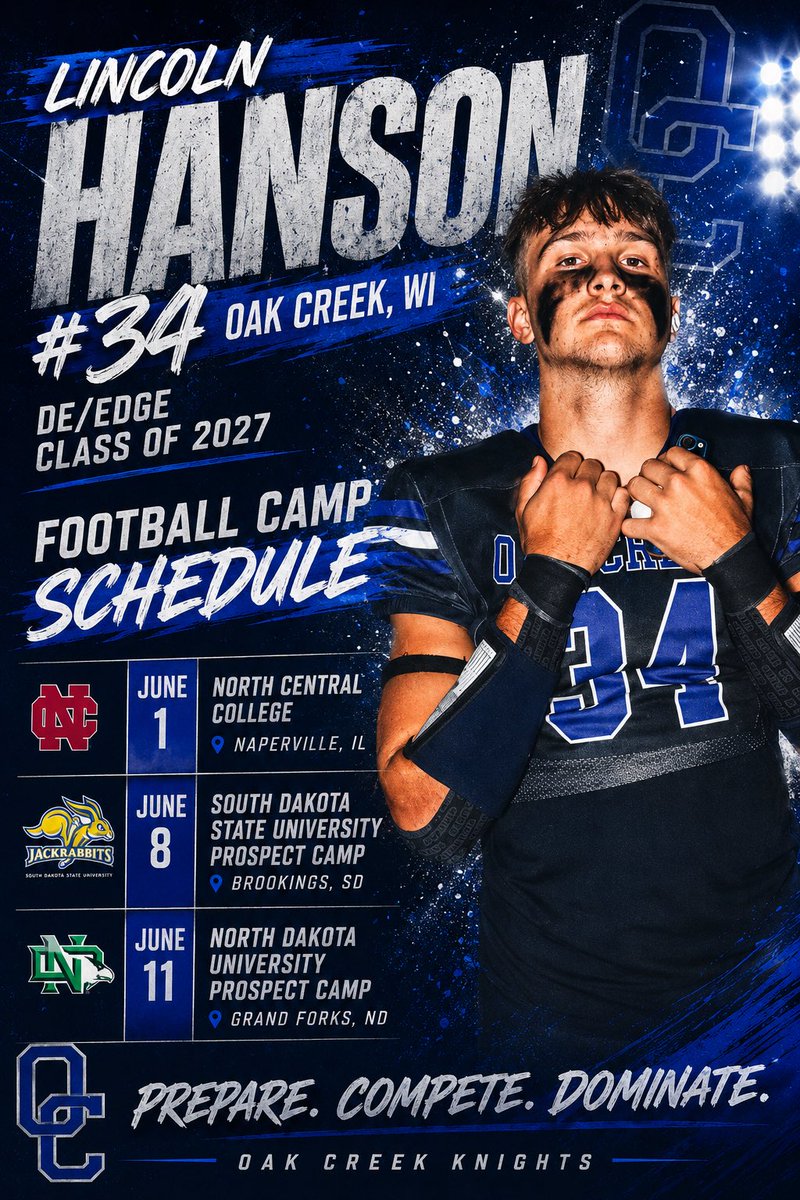 Linc_H_OC2027's tweet photo. Updated camp schedule for the first 2 weeks of June
6/1 @football_ncc Mega Camp - Naperville, IL
6/8 @GoJacksFB Prospect Camp - Brookings, SD
6/11 @UNDfootball Prospect Camp - Grand Forks, ND

Coaches in attendance, we should connect before.

@CoachDtjackson @CoachEidsness @Coach_Bergy @CoachiJACK @CoachBangSDSU @Coach_Benedetto @Coach_D_Coop @ldbengtson @CoachLoganMcc @Coach_SchmidtE @ghaugii7 @dfreund7 @CoachAndersonJD @coachDJDavis @Tyson_Mav @Watkins_Hawks @CoachWilk0
@CoachSpence_NCC @CoachDierking @CoachStuedemann @CoachFehrle @CoachWark @Kalus_Murphy @CoachMartin_10 @CoachFoster7 @CoachRum8 @CoachChrisJr2
@CoachSeanCronin @CoachTesfa @CoachStrobel @CoachGrantOlson @RobAurich @CoachPron14 @CoachLFox @Coach__AT @coachgregjones @Coachblsmith @CoachCCalhoun @CoachDJBland @CoachNiekamp @UNI_CoachSmith @Coach_BHaines @coach_nowinsky @CoachHaydenMace