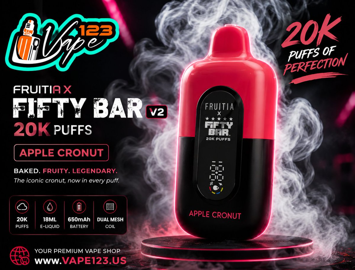 vape123official's tweet photo. Craving dessert-style flavor in every puff? 🍏
The Apple Cronut Fruitia X Fifty Bar V2 20K delivers sweet apple pastry flavor with up to 20,000 puffs, dual mesh coil performance.

Shop now: https://t.co/8LtqyhAIjs

 #Fruitia #FiftyBar #Vape123 #DisposableVape #VapeFlavor https://t.co/yB0NtKMsqv
