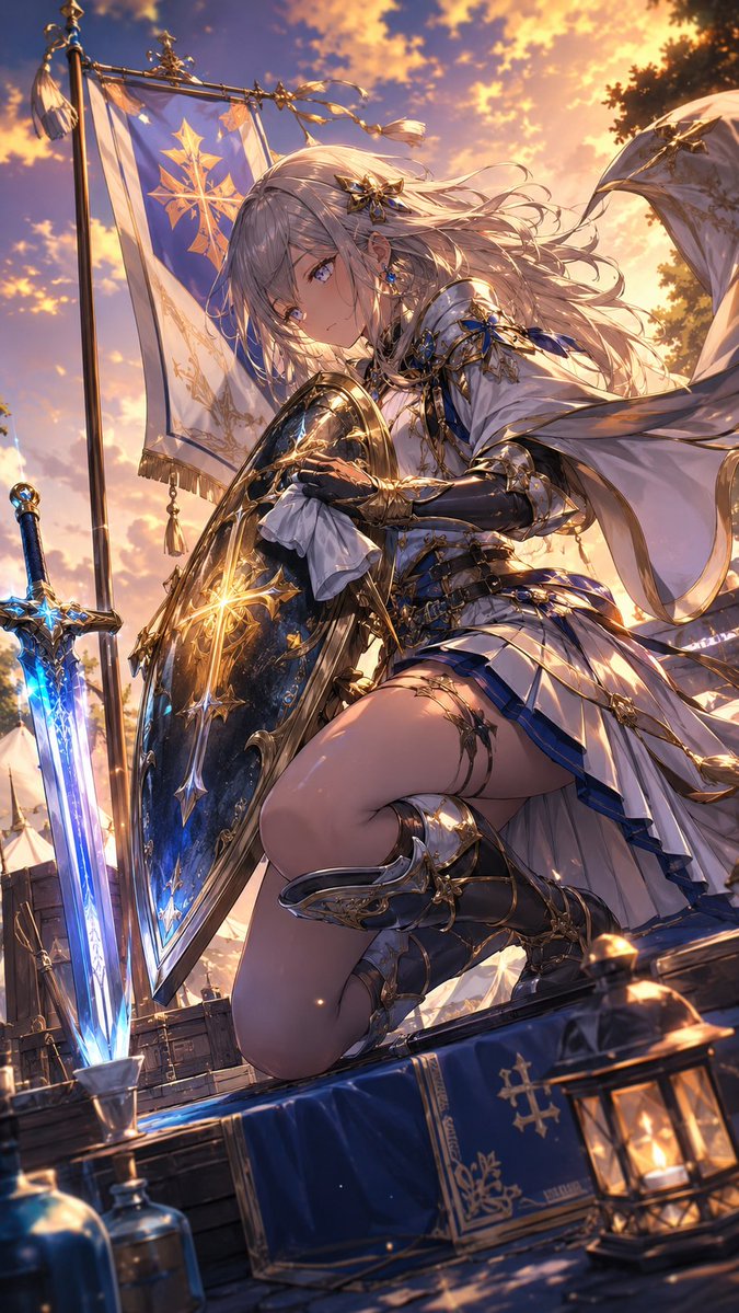LowAngleMuse's tweet photo. 【低アングル異世界｜剣士二択】
【Low Angle Isekai｜Swordswoman: A or B?】

パーティの剣士枠を強化することになった。
二人の強力な剣士が候補に上がってきた……！

A：
御札と飛剣を操る、気高い東方の御剣師
「遅れないで。私の剣は、弱き者を待たないわ」

B：
神聖な鎧と大盾を纏う、慈愛深き聖堂剣士
「私の後ろへ。あなたは必ず、私が守ります」

低アングルから見上げる二人の剣士。
あなたなら、どっちを仲間にしたい？

東方御剣師派？聖堂剣士派？

A派？B派？

どっちがより頼もしく感じる？
理由もぜひ教えてください！

#AIイラスト #AIart