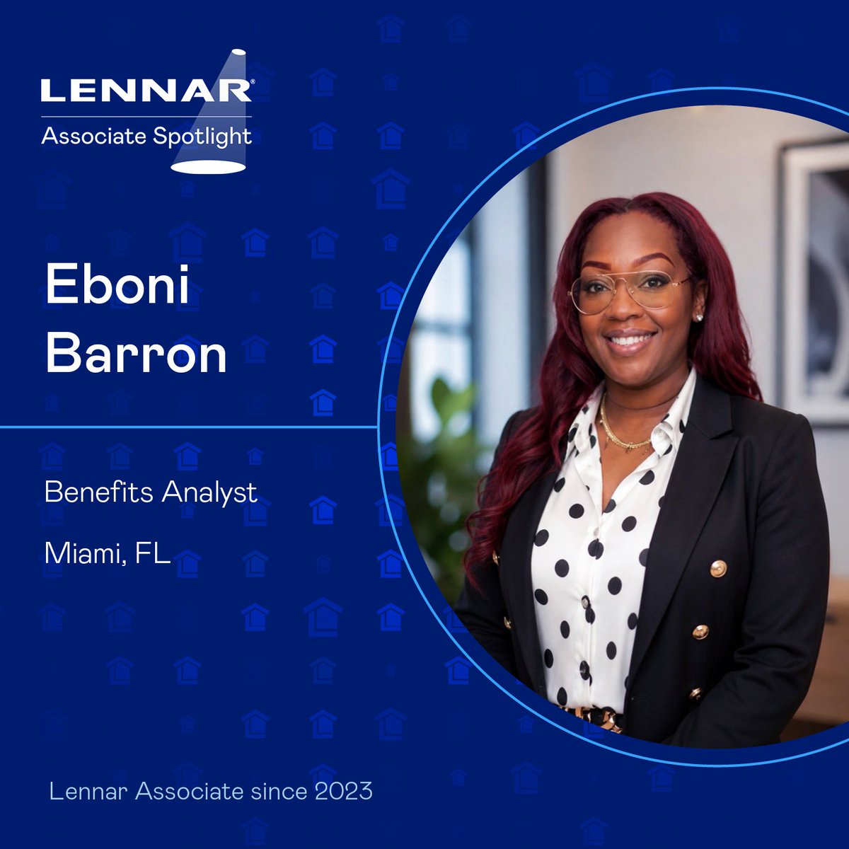 Lennar's tweet photo. Meet Eboni Barron, Benefits Analyst on Lennar's LOA team and this week's Associate Spotlight. With 20+ years on the vendor side, she brought a rare perspective to Lennar — and hit the ground running from day one. https://t.co/HFardfFnGH #ILoveLennar #AssociateSpotlight https://t.co/ZOyJJeYK1y