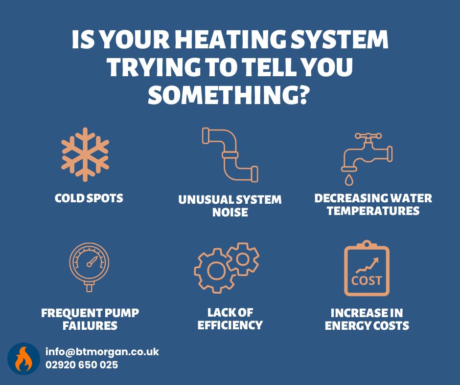 BTMHeating's tweet photo. Notice any of these signs, then your system needs some TLC:
- Cold spots on radiators
- Unusual system noise
- Decreasing hot water temperatures
- Pump failures
- Lack of efficiency
- Increased costs.

Find out how to restore your system's performance ➡️ https://t.co/LmLuXFPQBn https://t.co/SeAmqInYzI