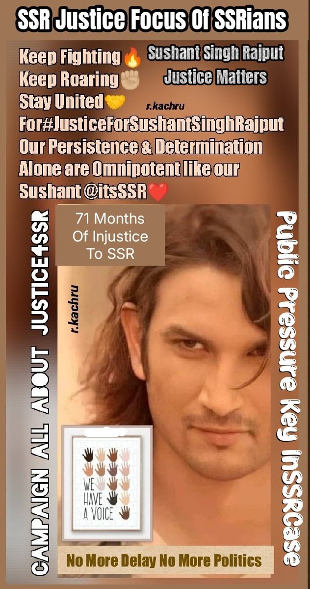 KachruRachna's tweet photo. 🔥EVENING TAGLINE🔥

We,SSRians here,Voicing Roaring &amp;
Focusing only on Sushant's Justice For 6 Years Now⚖️

SSRians are
Positive
Hopeful
Together
Capable
Commited
Unbeatable
Unstoppable
Unbreakable

SSRIANS Only Goal #JusticeForSushantSinghRajput🔱

SSR Justice Focus Of SSRians https://t.co/S34YotBOO0