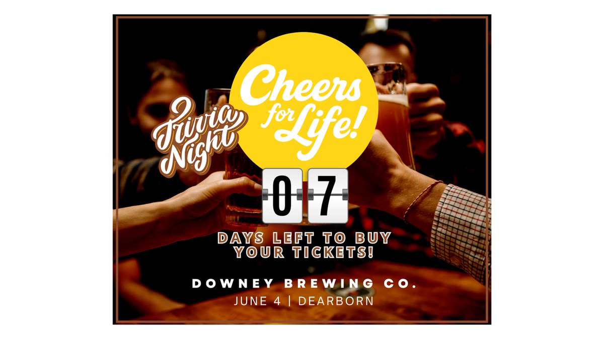 LennonCenter's tweet photo. 7 days left to purchase your tickets to our new event series called 'Cheers for Life'. Come on out and join us for a fun, relaxed evening. Our first gathering will be on Thursday, June 4th from 5-10pm at the Downey Brewing Company in Dearborn. https://t.co/rbuOlQOE5g https://t.co/NsjqVqOTcU
