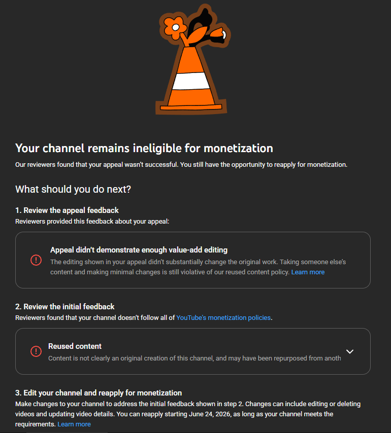 doomsight_'s tweet photo. Hello @TeamYouTube 
my channel was demonetized for “reused content,” but my videos are originally edited and follow YouTube’s policies. I believe this was a mistake and would appreciate a manual review. I spent the past month creating original content for this channel. Thank you. https://t.co/ofZmN9Qwwf