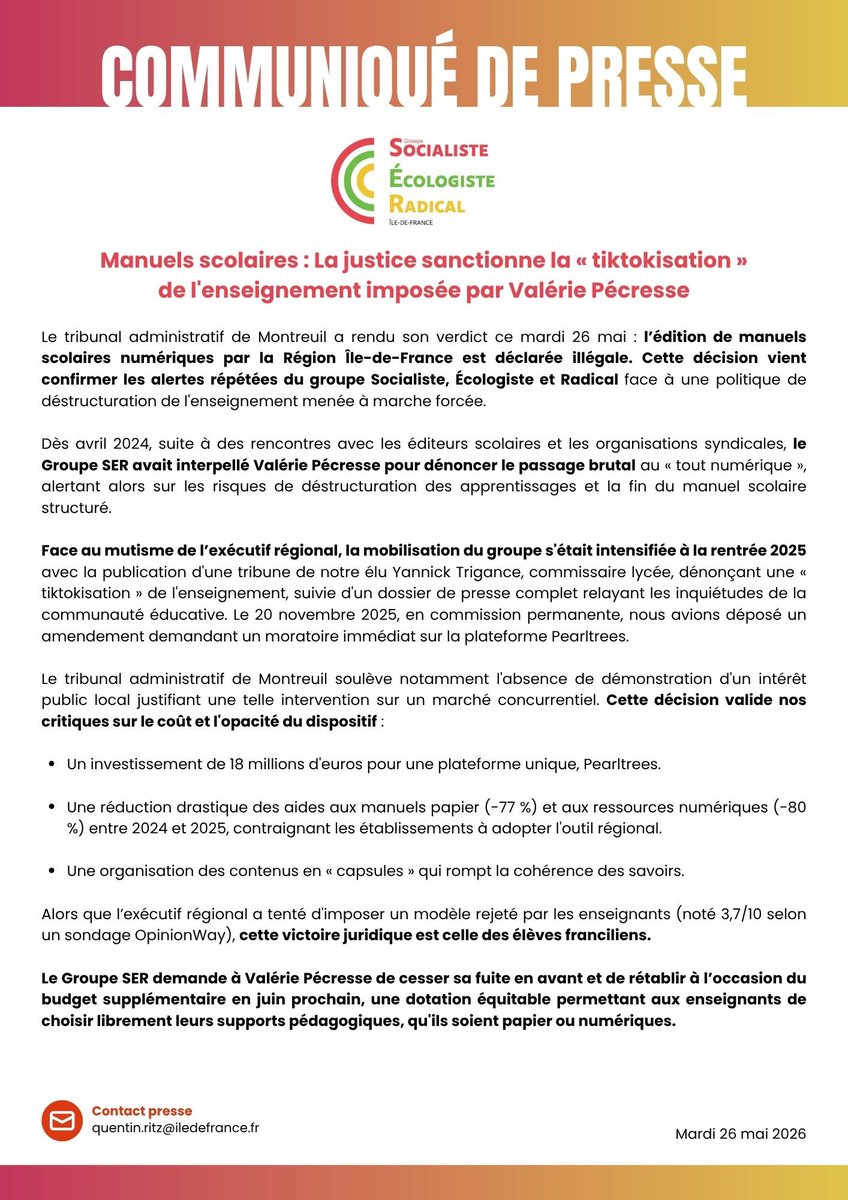 GroupeSER_idf's tweet photo. 🗞️| COMMUNIQUÉ DE PRESSE

Manuels scolaires : La justice sanctionne la « tiktokisation » de l'enseignement imposée par Valérie Pécresse

-> https://t.co/Fk7yYMKiRG https://t.co/E3h6DlbjjN