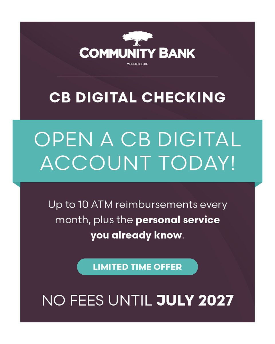 MyCommBank's tweet photo. Account number changing? Switch to Community Bank's CB Digital Checking today! No fees until July 2027, plus up to 10 ATM reimbursements/month. Limited time offer. Stop in or visit us online! https://t.co/wCLzAd7JHA