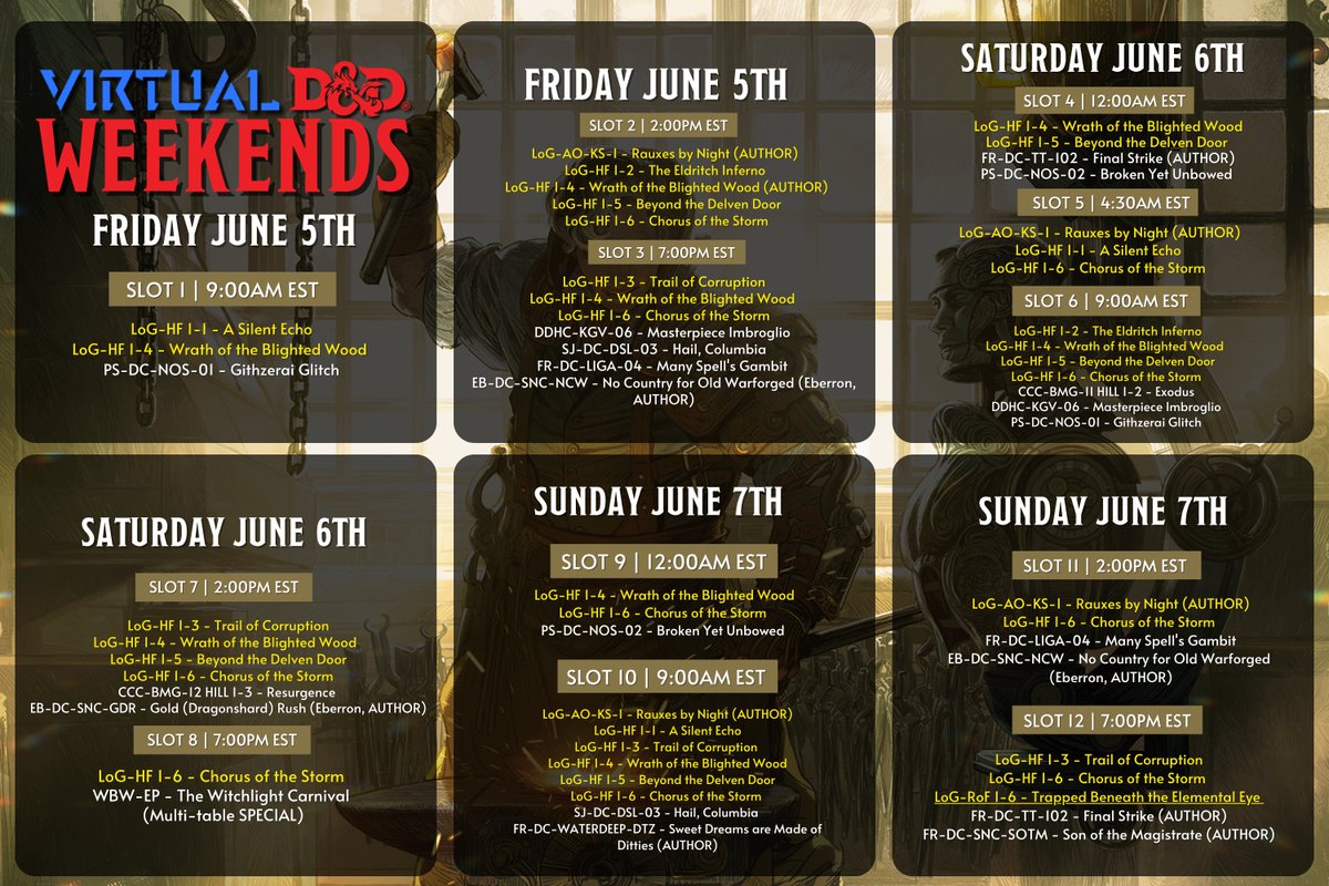 baldmangames's tweet photo. We've got a magical set of adventures this coming June! ✨This month, talented wordsmiths take the stage with Writer's Table and author-only exclusives!  #LegendsOfGreyhawk, Eberron, Planescape, and more, only at #VDDW! Sign up here: https://t.co/p2B9cJMfSH https://t.co/8Pnk7rz7j6