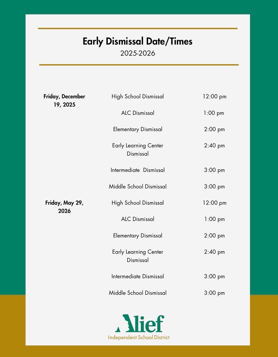 alief_middle's tweet photo. As @alief_middle cubs prepare to end the 2025-2026 school year, please be advised of the early release times for Friday May 29th with all @AliefISD schools. #schoolsoutforsummer https://t.co/Mz7VXRwAel