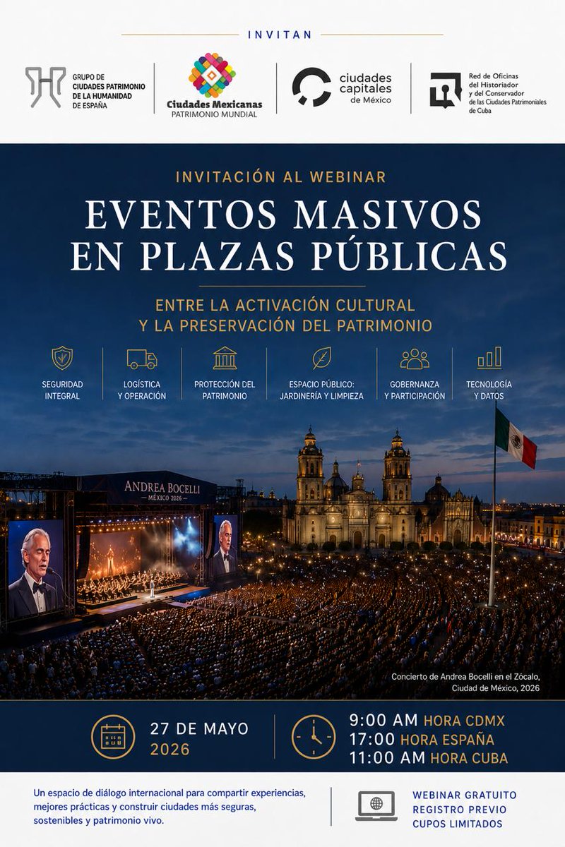 ArqIBERO's tweet photo. Extendemos la invitación al #Webinar: “Eventos masivos en plazas públicas: entre la activación cultural y la preservación del patrimonio”.
Especialistas dialogarán sobre patrimonio, espacio público y gestión cultural.
27 mayo 2026 | 9:00 h CDMX 
🔗 https://t.co/Wl5XPx6Bcn https://t.co/qhyaQI35Ya