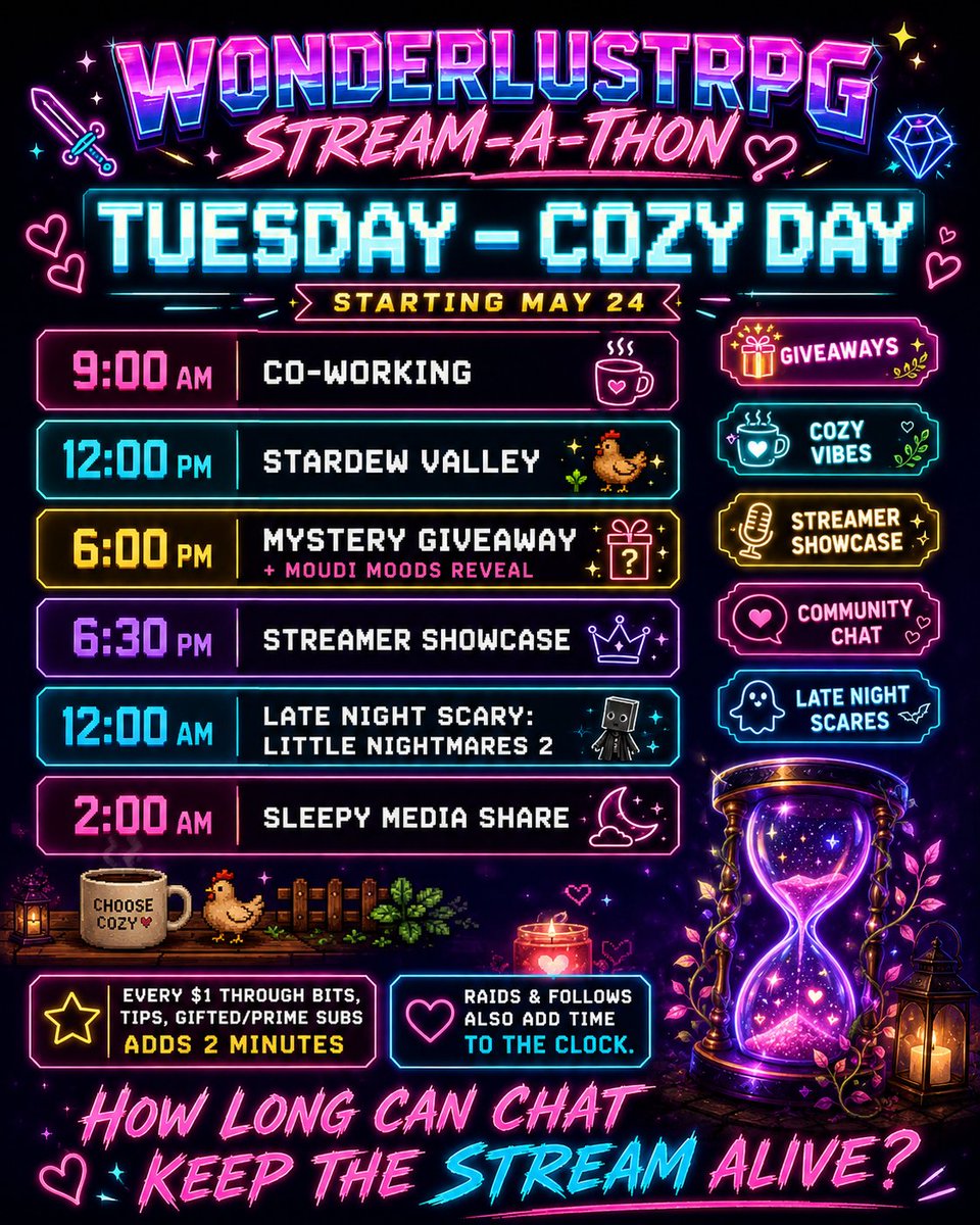 WonderlustRPG's tweet photo. Tuesday is COZY DAY in the Wonder Stream-A-Thon 
We’re slowing things down just enough to get comfy… and then immediately getting weird again.

Stardew Valley, a giveaway, Moudi Moods reveal, a Streamer Showcase, and late-night Little Nightmares 2.

Cute. Cozy. Cursed. 👀 https://t.co/RPhaHvqB2X