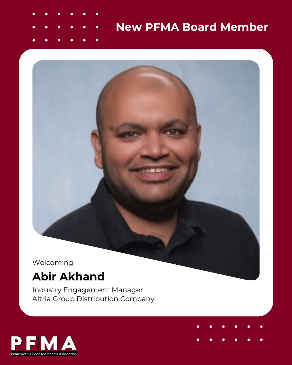 PAFoodMerchants's tweet photo. 📣 Welcome to the PFMA Board, Abir Akhand!

PFMA is pleased to welcome Abir Akhand, Industry Engagement Manager for Altria Group Distribution Company, to its Board of Directors.

Abir is a member of Altria’s Industry Engagement team and leads advocacy efforts in Pennsylvania and across the Northeast. He brings eight years of industry experience, including advocacy work in the Midwest and experience supporting retail and wholesale accounts.

Welcome aboard, Abir! We look forward to working with you to support Pennsylvania’s food and beverage industry. @AltriaNews