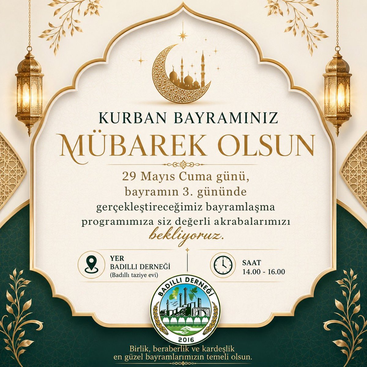 Badillider's tweet photo. 29 Mayıs Cuma günü, bayramın 3. gününde gerçekleştireceğimiz bayramlaşma programımıza siz değerli dostlarımızı bekliyoruz.
Birlik ve beraberliğimizi paylaşacağımız bu güzel günde sizlerle bir arada olmaktan mutluluk duyarız. 🌙✨ https://t.co/owewlHunqE