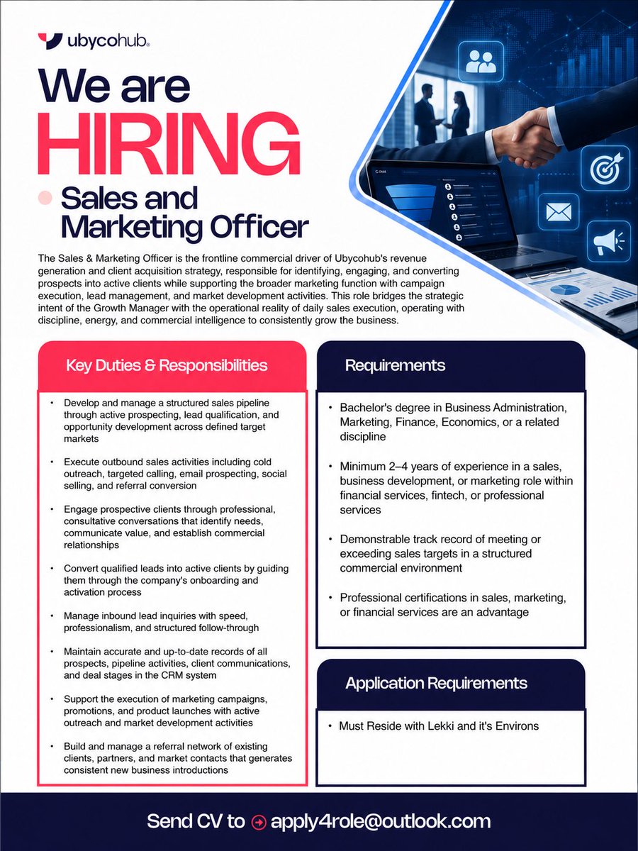ubycohub's tweet photo. We are Hiring!!!
📍Content Creator
📍Growth Manager
📍Sales & Marketing Officer.
Please send your cv to apply4role@outlook.com
#hiringnow #coperate #fyp #growthmanager https://t.co/eMiJyXEqMg