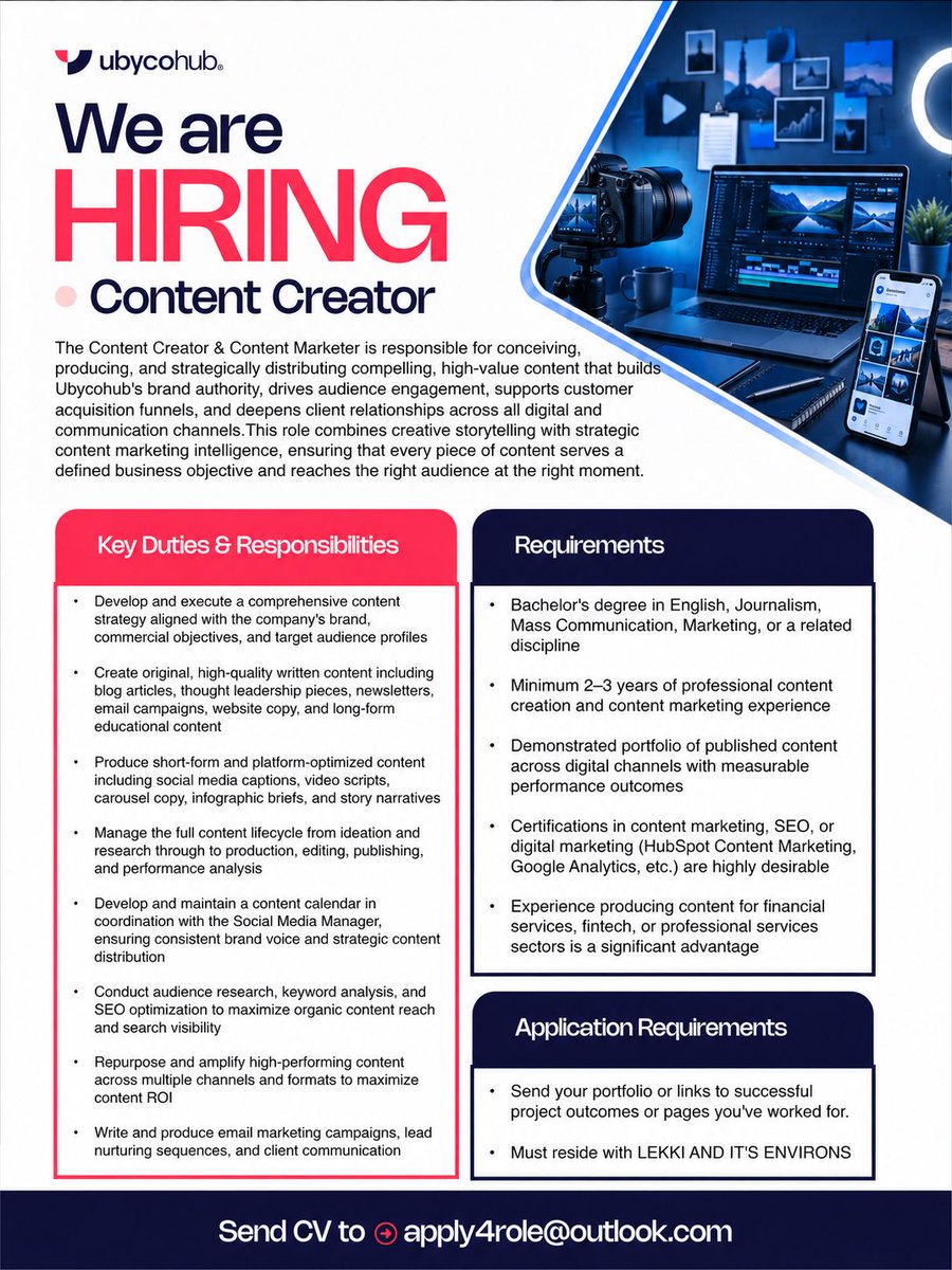 ubycohub's tweet photo. We are Hiring!!!
📍Content Creator
📍Growth Manager
📍Sales & Marketing Officer.
Please send your cv to apply4role@outlook.com
#hiringnow #coperate #fyp #growthmanager https://t.co/eMiJyXEqMg