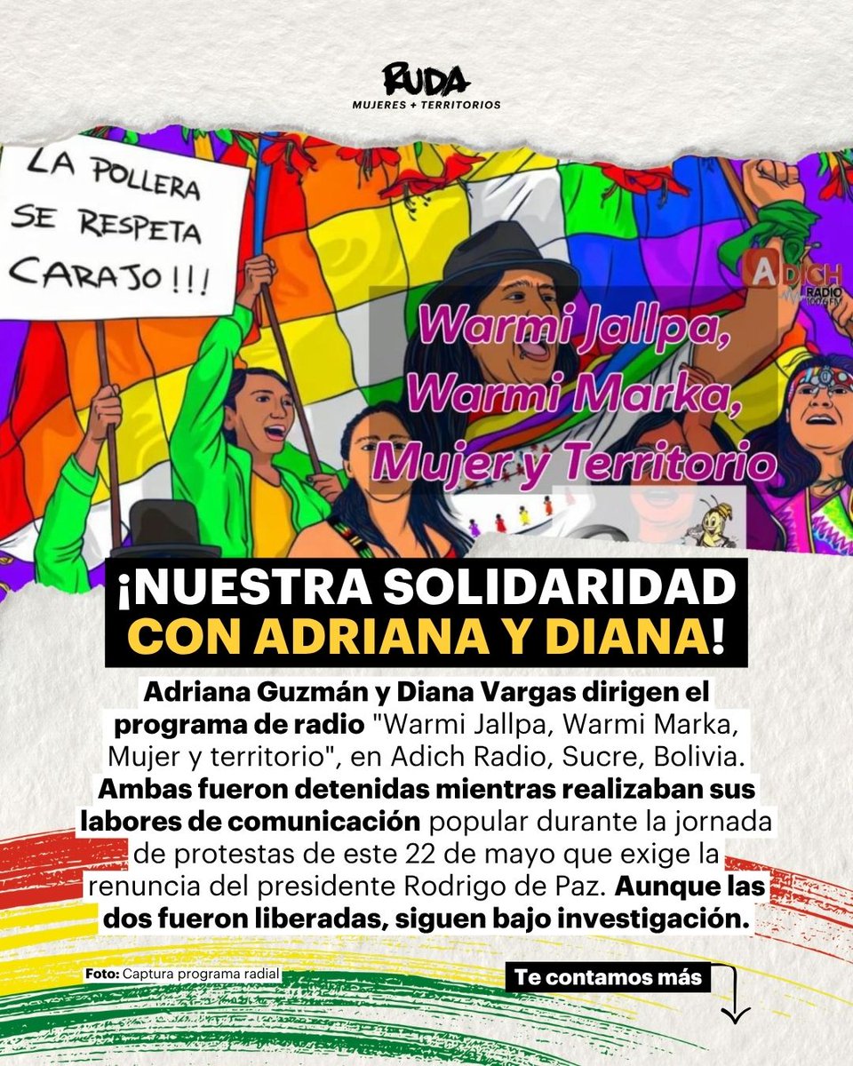 ruda_gt's tweet photo. #AbyaYala | 💜 Nuestra solidaridad con las activistas feministas de #Bolivia 🇧🇴, Adriana Guzmán y Diana Vargas

Ambas fueron detenidas este 22 de mayo mientras realizaban sus labores de comunicación popular, en medio de las protestas que exigen la renuncia del presidente Rodrigo de Paz. 

Aquí te contamos más 📌