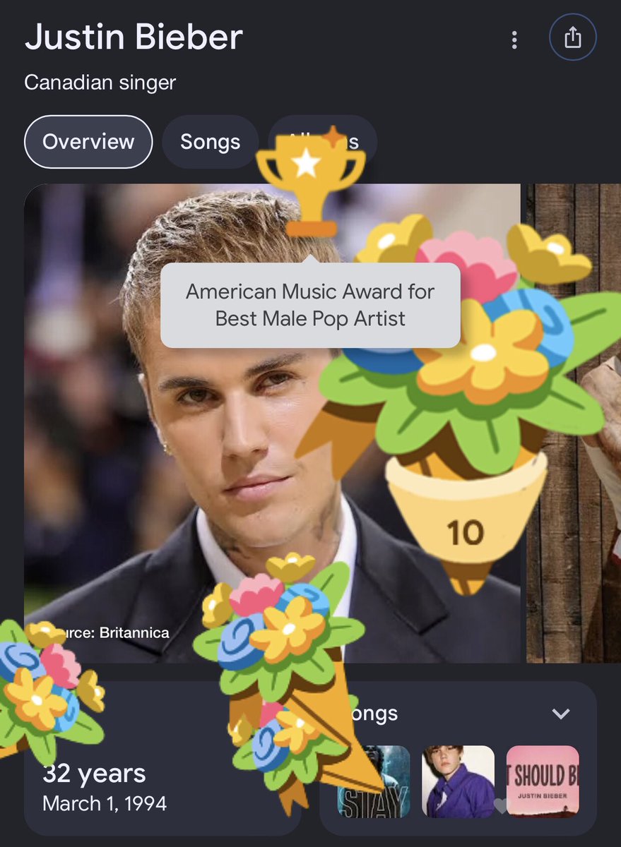 BiebCrave's tweet photo. Google added flowers to Justin Bieber’s search page following his win at the 2026 #AMAs. https://t.co/HCKxa7d9ys