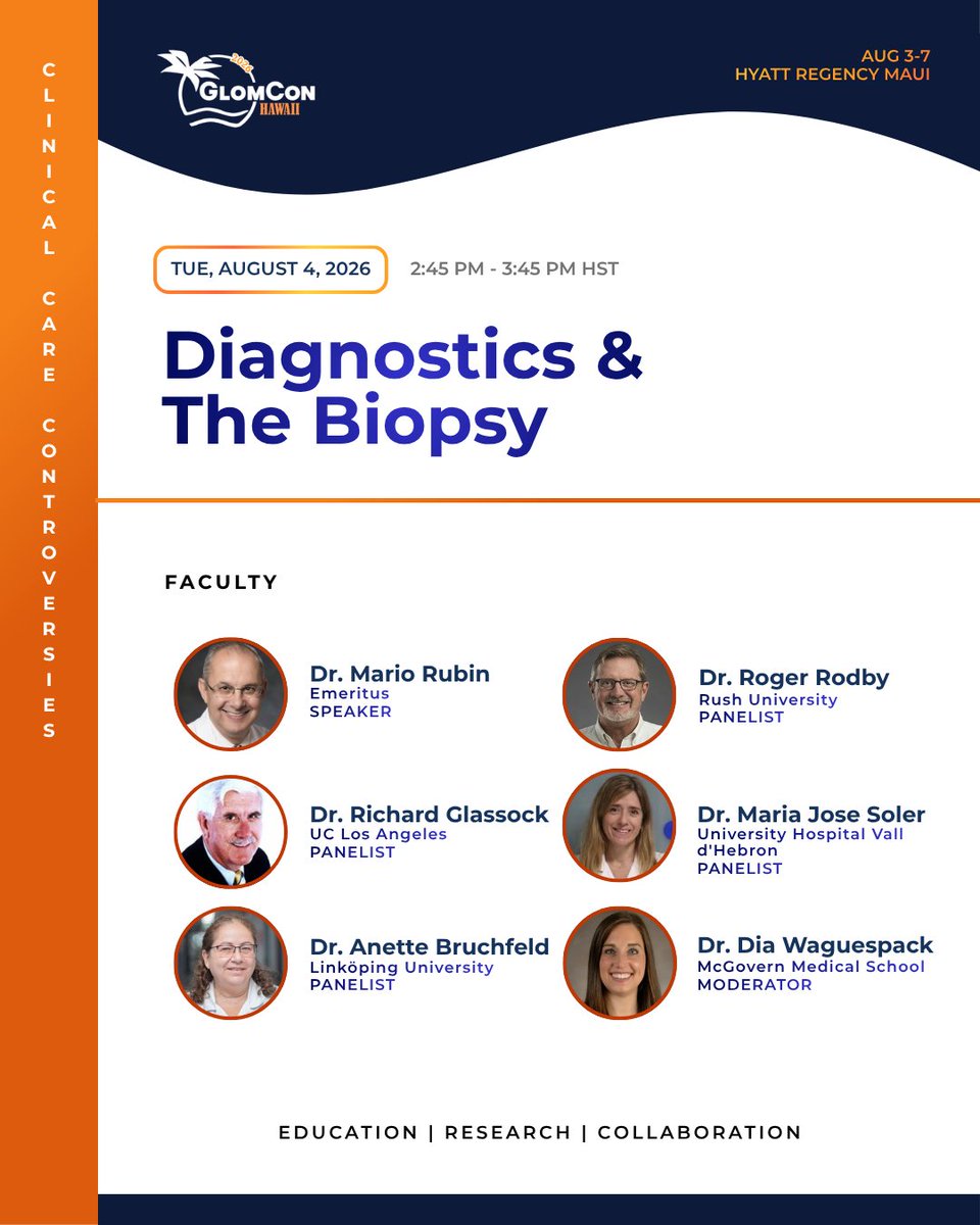 GlomCon's tweet photo. To biopsy or to bypass?

A stellar panel featuring @GlassockJ , @PepaSolerR , Mario Rubin, @NephRodby , @AnnetteBruchfe1 , and @d_r_waguespack  debates the diagnostic necessity of tissue biopsy in the biomarker era.

#RenalBiopsy #Diagnostics #Nephrology #GlomConHawaii2026 #PrecisionCare