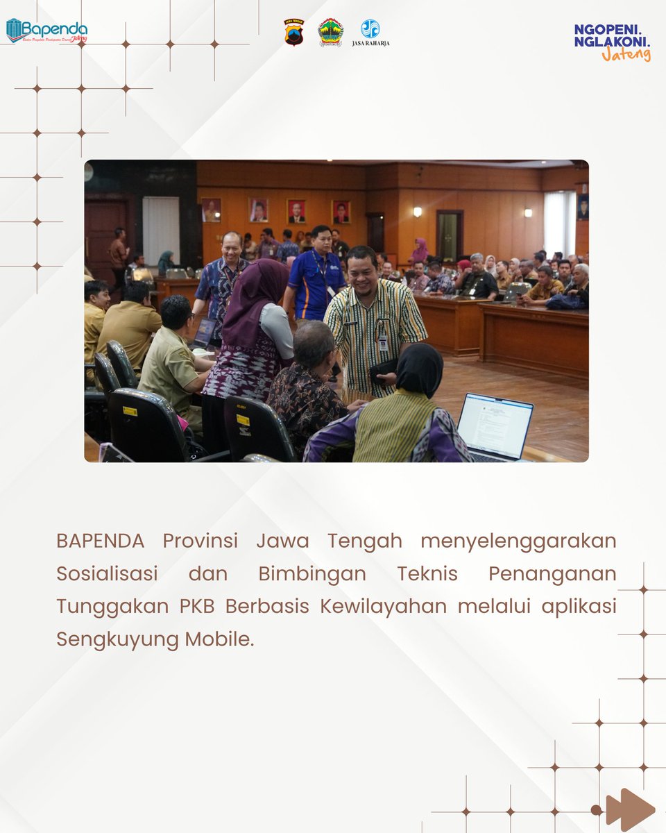 BPPD_JATENG's tweet photo. BAPENDA Provinsi Jawa Tengah menyelenggarakan Sosialisasi dan Bimbingan Teknis Penanganan Tunggakan PKB Berbasis Kewilayahan melalui aplikasi Sengkuyung Mobile. https://t.co/QEq6F7k1Qx