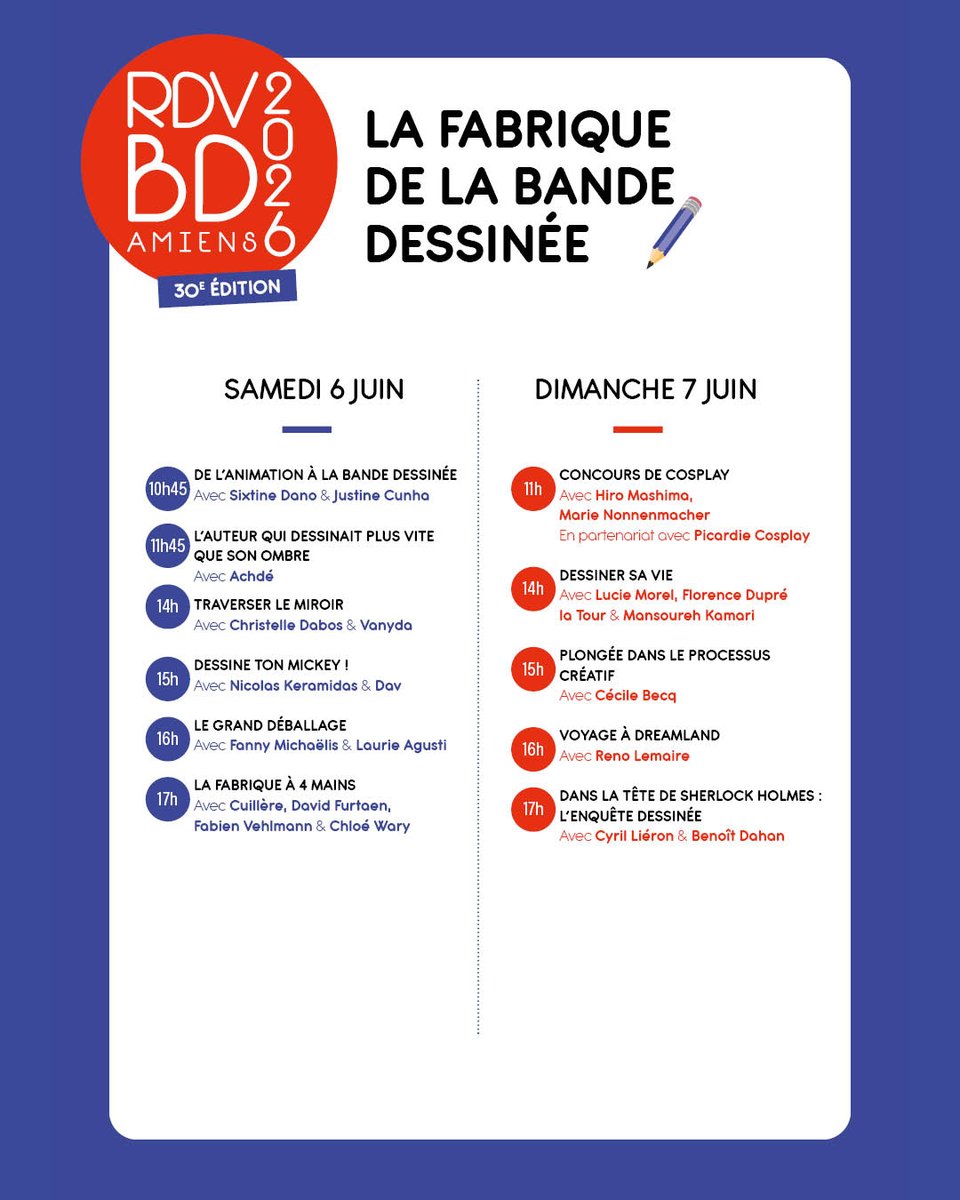 RDVBDAmiens's tweet photo. On sait que vous l’attendiez avec impatience : la programmation des 6 &amp; 7 juin du festival est à vous !

Retrouvez aussi les horaires des dédicaces de ce premier week-end sur notre site : https://t.co/PpJWn31W0i

La programmation jeunesse arrive très prochainement ! https://t.co/eUejpNkTaW