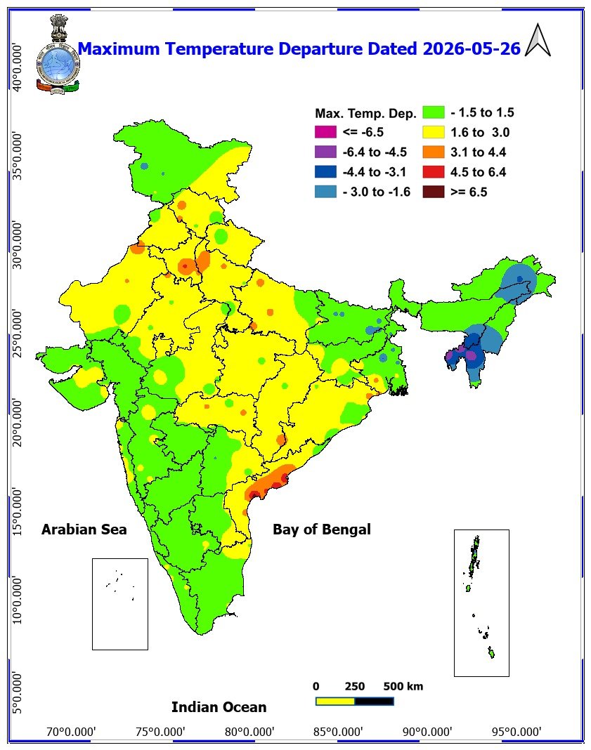 Indiametdept's tweet photo. Maximum temperature were in the range of 45-47°C over Madhya Pradesh, Rajasthan , East Uttar Pradesh, Haryana, Rajasthan, Vidarbha and 40-45°C over rest parts of the country except Noth east India, West Himalayan region, West coast and Interior Tamil Nadu.

Maximum temperatures (as on 26-05-2026) over above normal by 2-4°C at Many places over Northwest, Central and adjoining Peninsular India and normal over rest parts of the country except parts of Northeast India where temperatures are below normal.

Highest Maximum Temperature was 47.4 °C over Banda (Uttar Pradesh) followed by 47.0 °C over ShriGanganagar (West Rajasthan).