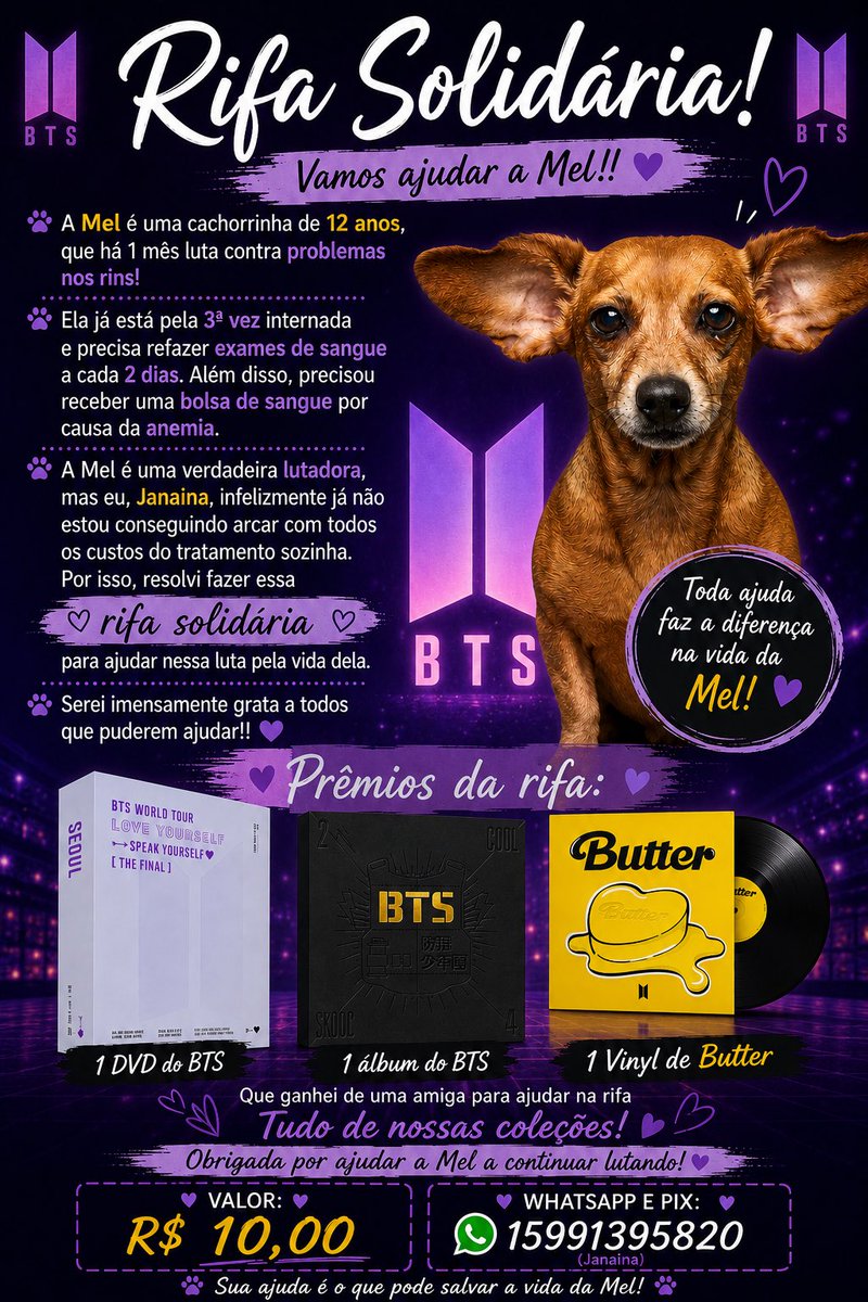 JanaOli0506's tweet photo. Sou Army e tbm mamãe da Mel, e ela está lutando para viver!Quem puder ajudar  a Mel a viver !!Serei imensamente grata!💜

#mel #bts #rifasolidaria  #army #arirang #btsarmy #bangtanboys #brasil #barmys #loveyourself 

https://t.co/YDzJxNq8l0 https://t.co/hjlzAUUKZx