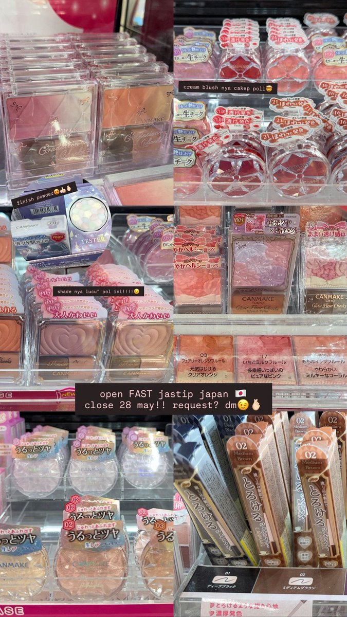 cthefirstt's tweet photo. open jastip japan 🇯🇵 close 28 may !
canmake, cezanne, refa hairbrush, pair, muji, snack jepang atau apapun request kalian!! fee jastip affordable kok! kalau mau tanya" atau request sesuatu bole bgt dm yaaaa!!💘 blush" nya canmake cakep" bgt guysss😫🫶🏼 aku aja borong byk😖 lesgo😗 https://t.co/fH5mx2j2Ex