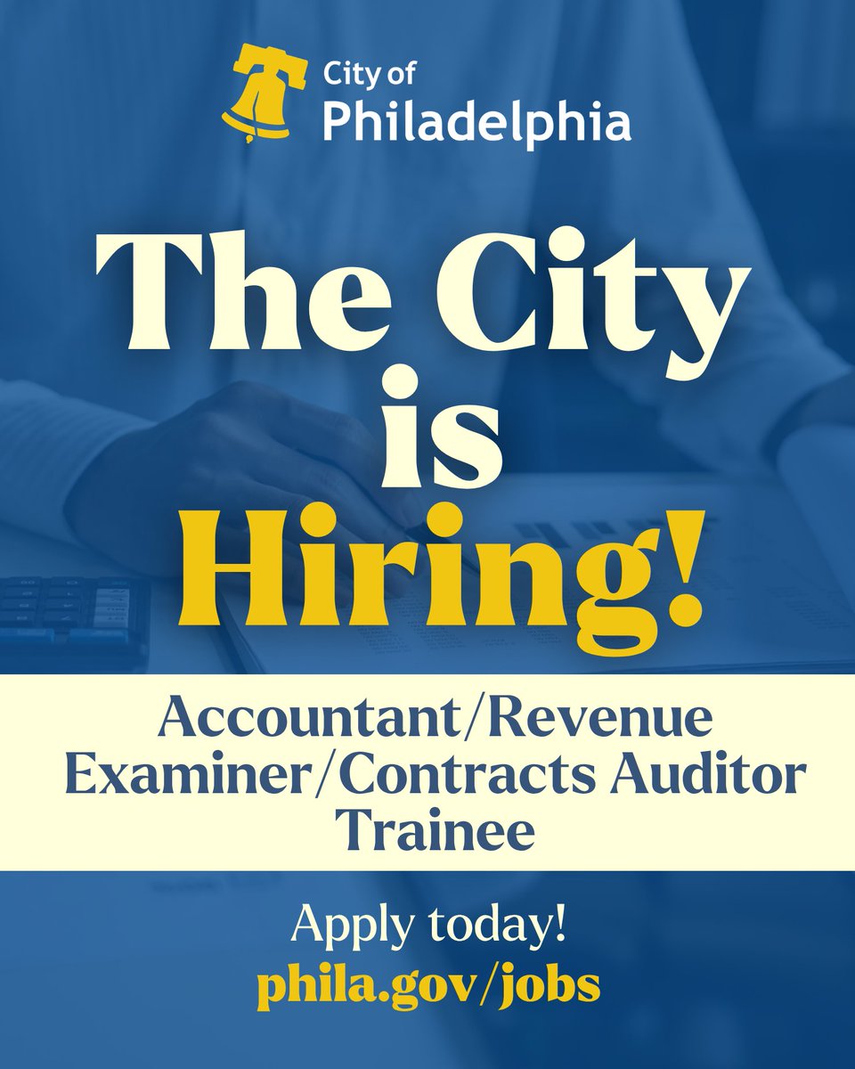 PhilaOHR's tweet photo. Ready to start your accounting career?

The City of Philadelphia is hiring an Accountant / Revenue Examiner / Contracts Auditor Trainee. A great entry-level opportunity for accounting grads!

Apply by June 7 at https://t.co/aAB6LSZo2v. https://t.co/rsL2BnFNce