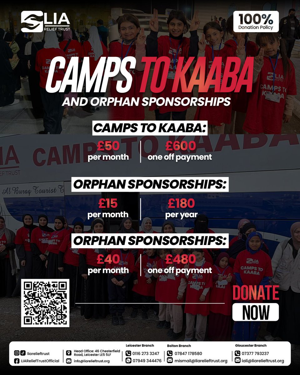 LIAReliefTrust's tweet photo. Every small act can change a life. ❤️

Help someone reach the Kaaba or support an orphan’s future through your generosity.

£50/month – Camps to Kaaba
£15/month – Sponsor an orphan
£40/month – Extended orphan support

👉 Sponsor now: https://t.co/uEVylCVmJG https://t.co/luu8YjnqYA