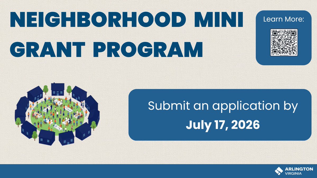 planArlingtonVA's tweet photo. Need funding to help build community and engage with your neighbors? The application period for the Neighborhood Mini Grant is now open! Apply by July 17, 2026. Learn more: https://t.co/Sspk8oLXaD https://t.co/6yWcbyEcKu