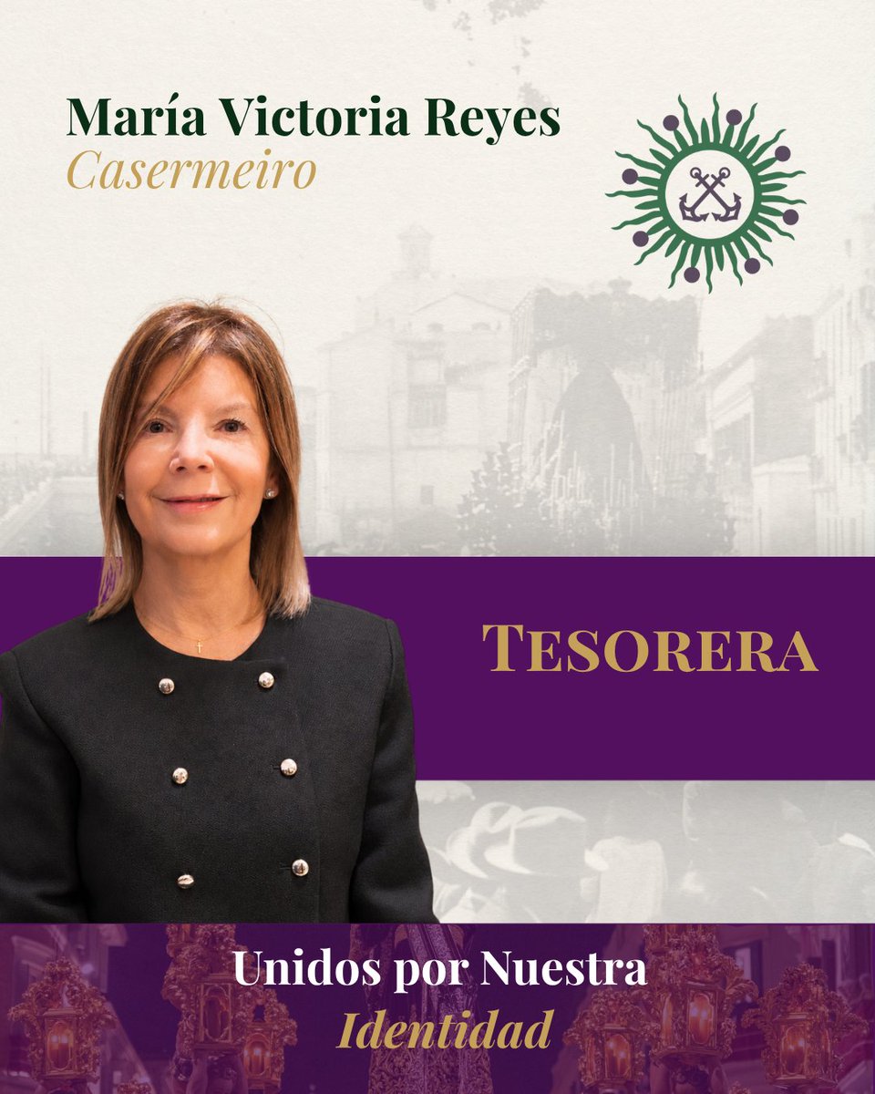 CandEsperanzaN's tweet photo. 𝐅𝐔𝐓𝐔𝐑𝐀 𝐂𝐀𝐍𝐃𝐈𝐃𝐀𝐓𝐔𝐑𝐀

FUTURA CANDIDATA A TESORERA:
MARÍA VICTORIA REYES CASERMEIRO

⚓️ Mariví es archicofrade desde su infancia, cuidando una devoción que toda su familia ha inculcado a su hija y sus sobrinos, asegurando el relevo generacional.

✒️ Economista colegiada y Licenciada en Ciencias Económicas y Empresariales, pues desde la formación y la experiencia asume con responsabilidad la correcta gestión económica de la corporación. 

✍️🏽 Como acto de servicio a nuestra Cofradía, Mariví es consciente de la responsabilidad de tan rigurosa labor, basada en la transparencia y la clara administración del patrimonio de nuestra Archicofradía.

💜💚 Entre todos trabajaremos para avanzar hacia el fururo, #UnidosporNuestraIdentidad

#CofradíasMLG