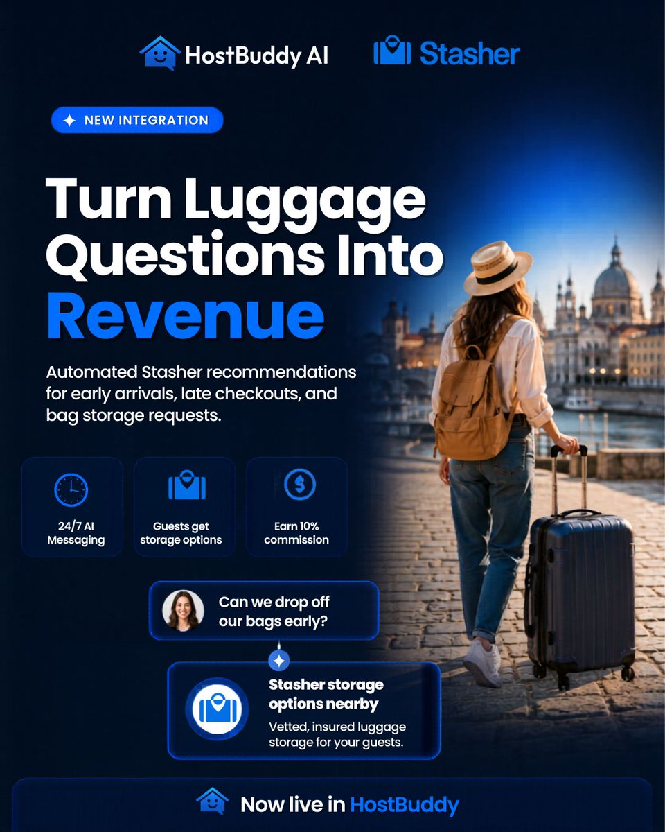 HostBuddyAI's tweet photo. 🧳 New integration alert: HostBuddy AI × Stasher

"Can we drop our bags off early?" is one of the most common guest messages and one of the most disruptive to your turnover schedule.

Live now in HostBuddy → https://t.co/TyHR1or7HT

#HostBuddyAI #Stasher #ShortTermRentals https://t.co/RwA8CRpvMV