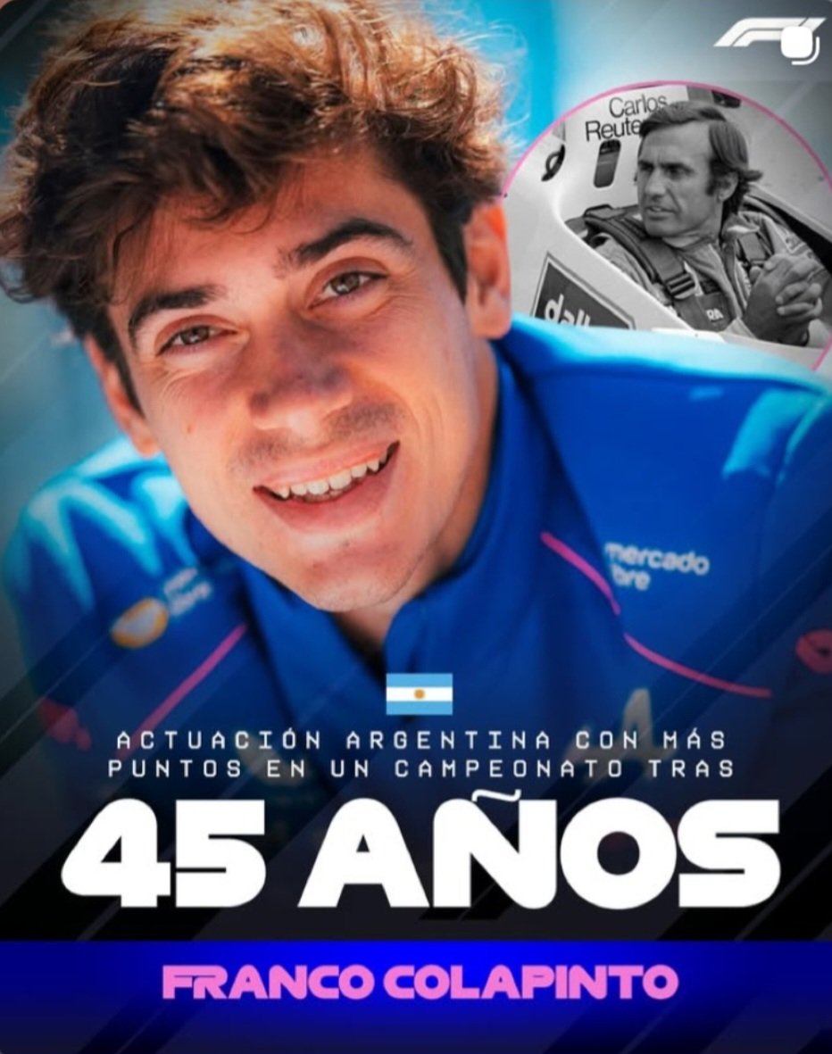 PabloContard's tweet photo. Hace 45 años el "Lole" Reutemann sumaba 49 puntos con el Williams , 45 años después Franco ya lleva 15 puntos en las primeras 5 carreras y contando...Vamos Franco todavía!!! 

#F1
#FranColapinto https://t.co/ryxSYKeCVZ