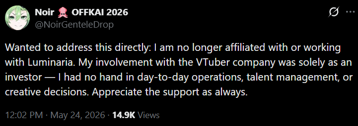 ElaraVtuber's tweet photo. This morning, 3 Luminara talents have announced that they are parting ways with the company. On top of this, an investor also broke ties and owner Camana announced he is transfering ownership?! 

What is going on? 😅 https://t.co/CJ37FSc6Xp